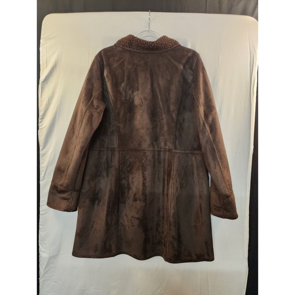 Denim & Co. Women's Brown Suede Sherpa Lined Coat Size L Velvety Plush Cozy Chic - Picture 2 of 10